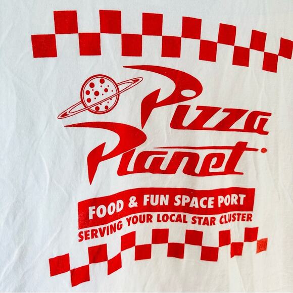 DISNEYLAND Disney White Red Toy Story Pizza Port Logo Short Sleeve Tee Shirt M - Picture 3 of 10